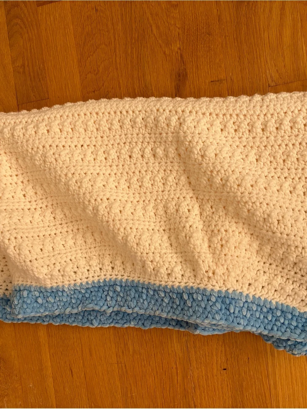 Baby Crochet White Blanket with Blue Velvet Trim - Handmade